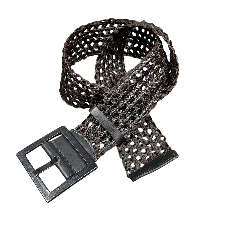 The Limited Woven Leather Tab Belt Black Brown Lattice Wide M/L